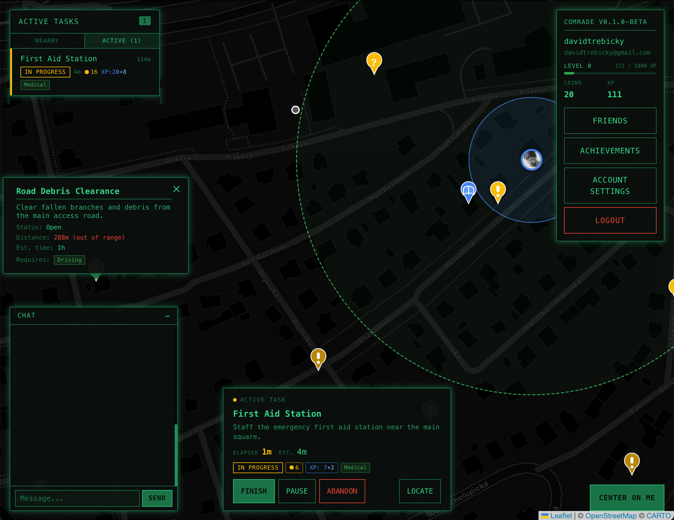 Comrade desktop application showing the map-based task management interface with active tasks, chat, and user profile panels